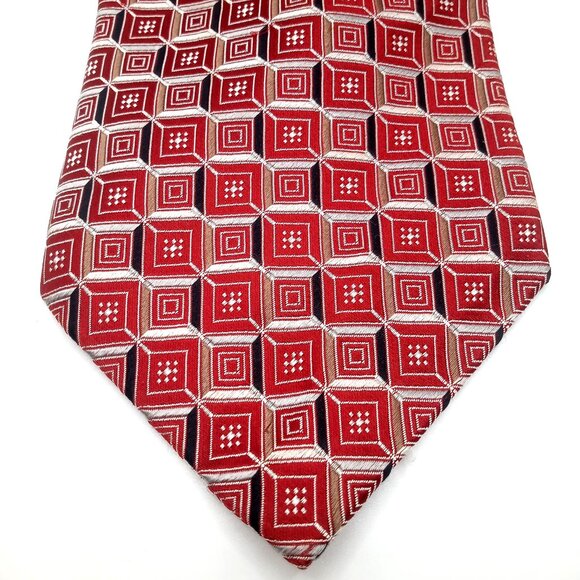 Vintage Men's Tie Burma Bibas Red Beige Geometric Square Pattern All Silk Tie - Picture 2 of 9
